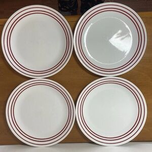 Corelle Ruby Red Dinner Plates 10.25" Corning White Red Stripe & 2 Dots Set Of 4